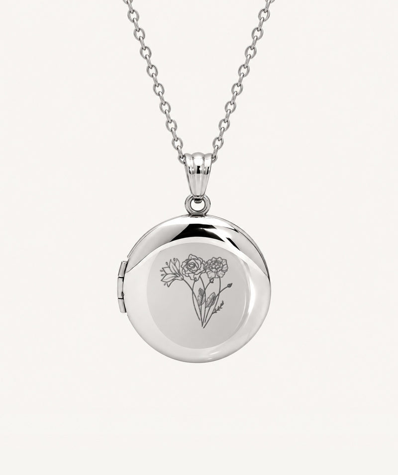 Silver Birth Flower Round Photo Locket