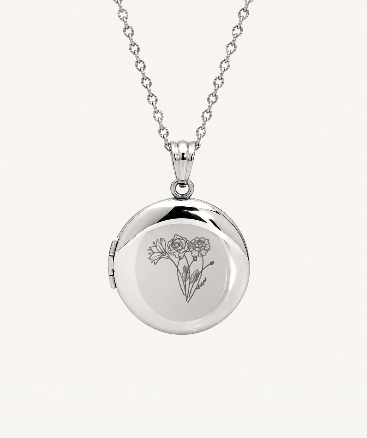 Silver Birth Flower Round Photo Locket