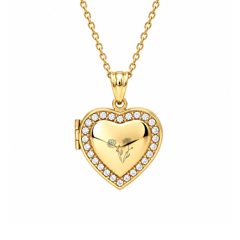 Gold Birth Flower Heart Photo Locket