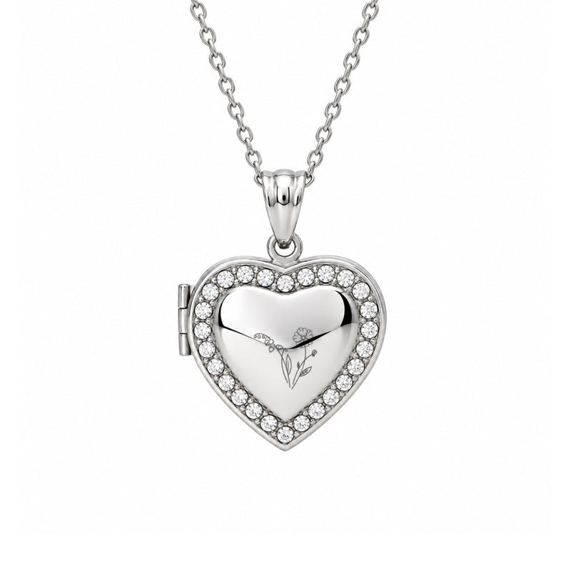 Silver Birth Flower Heart Photo Locket