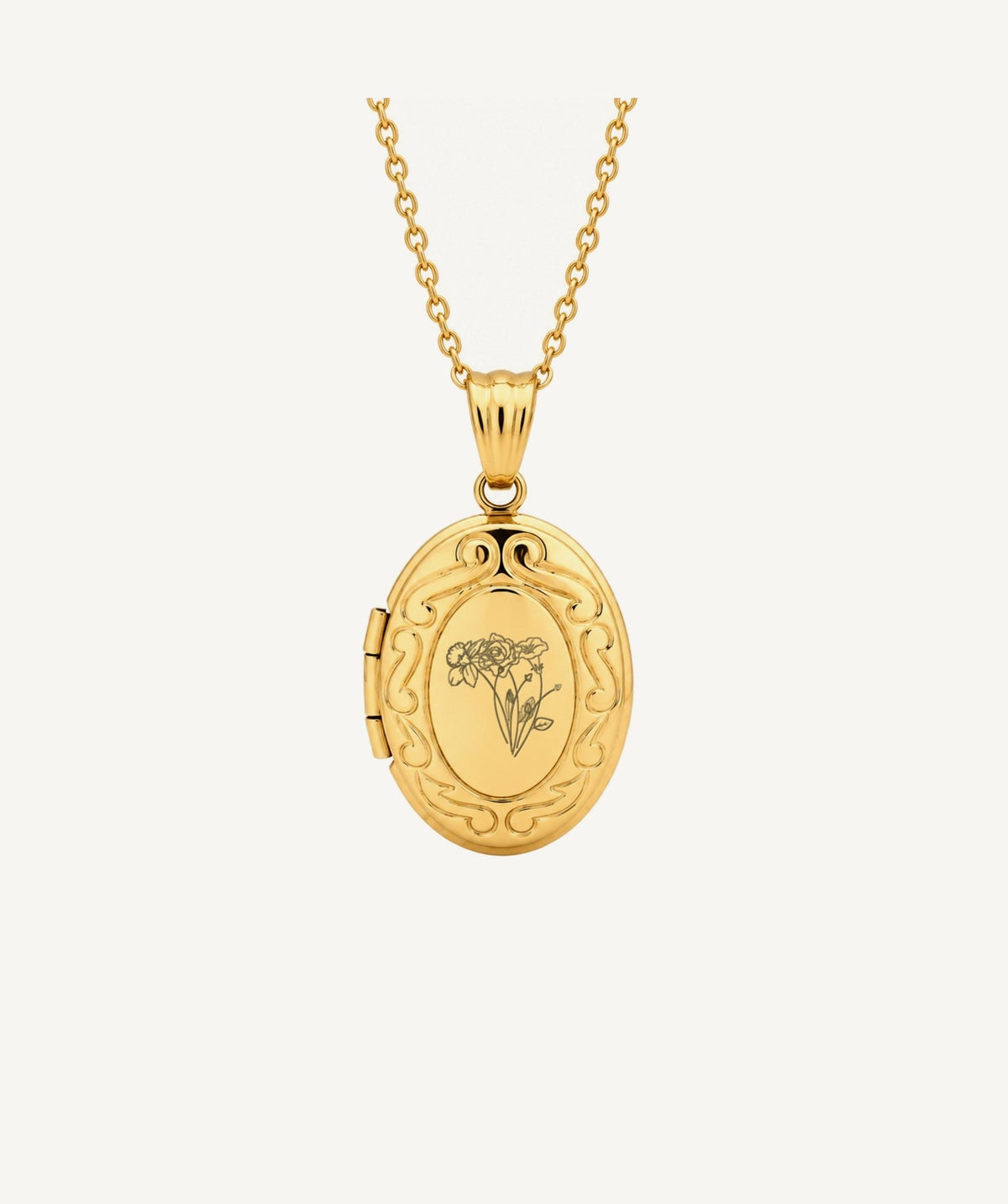 Gold Birth Flower Oval Photo Locket