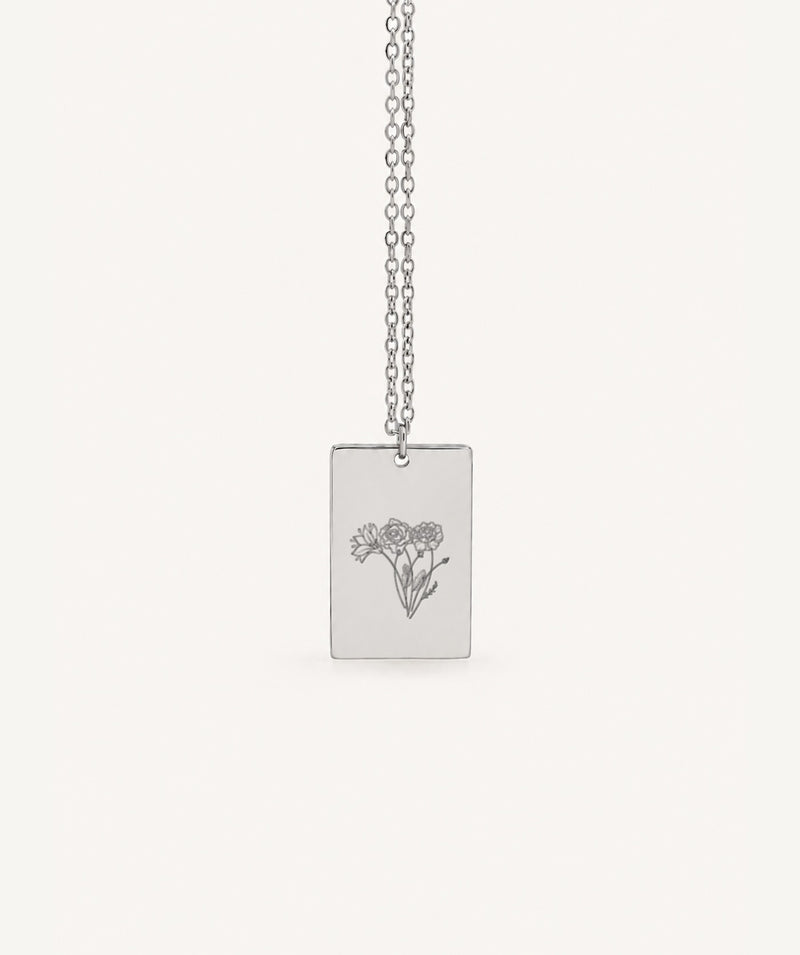 Silver Birth Flower Rectangular Necklace