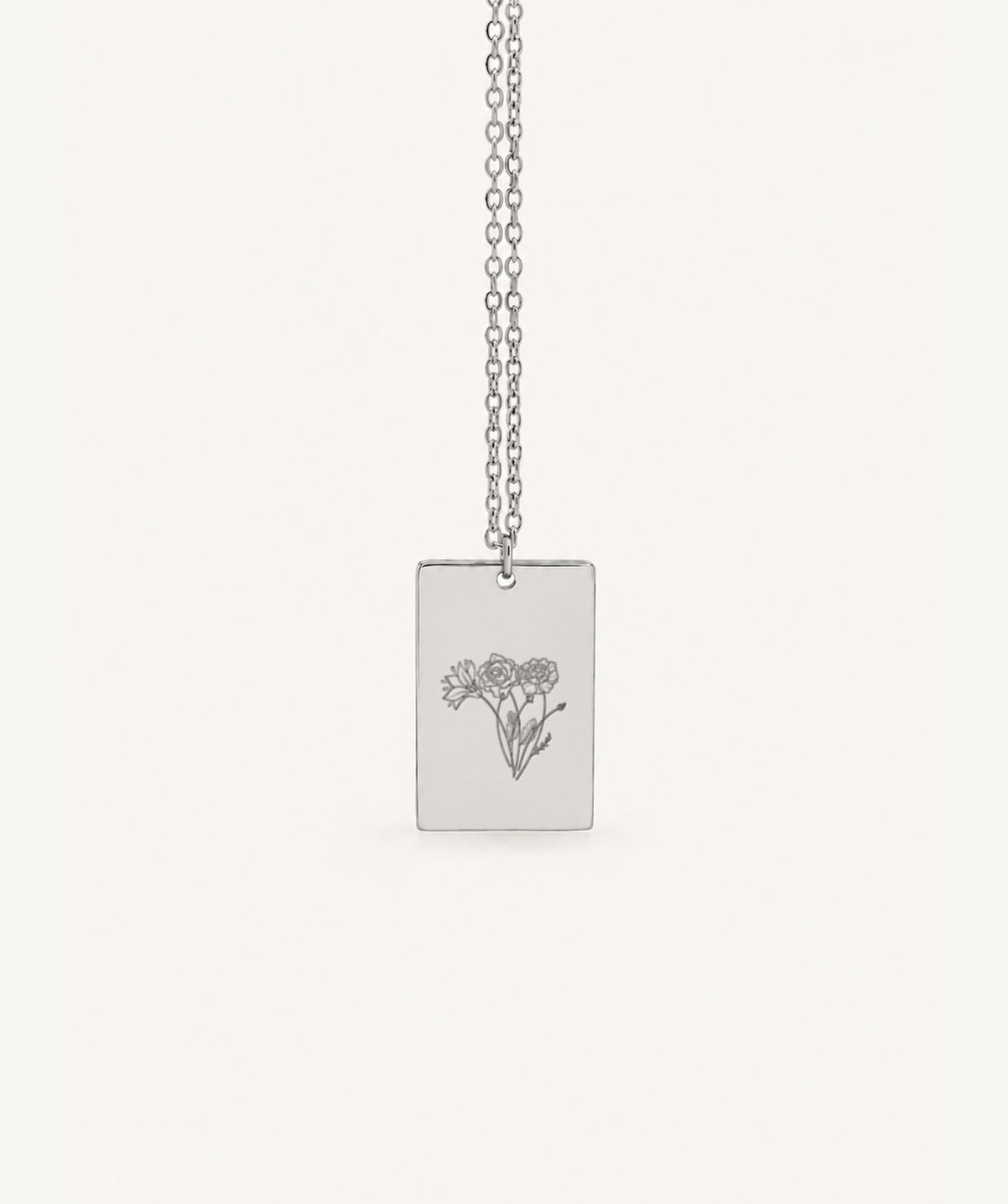 Silver Birth Flower Rectangular Necklace