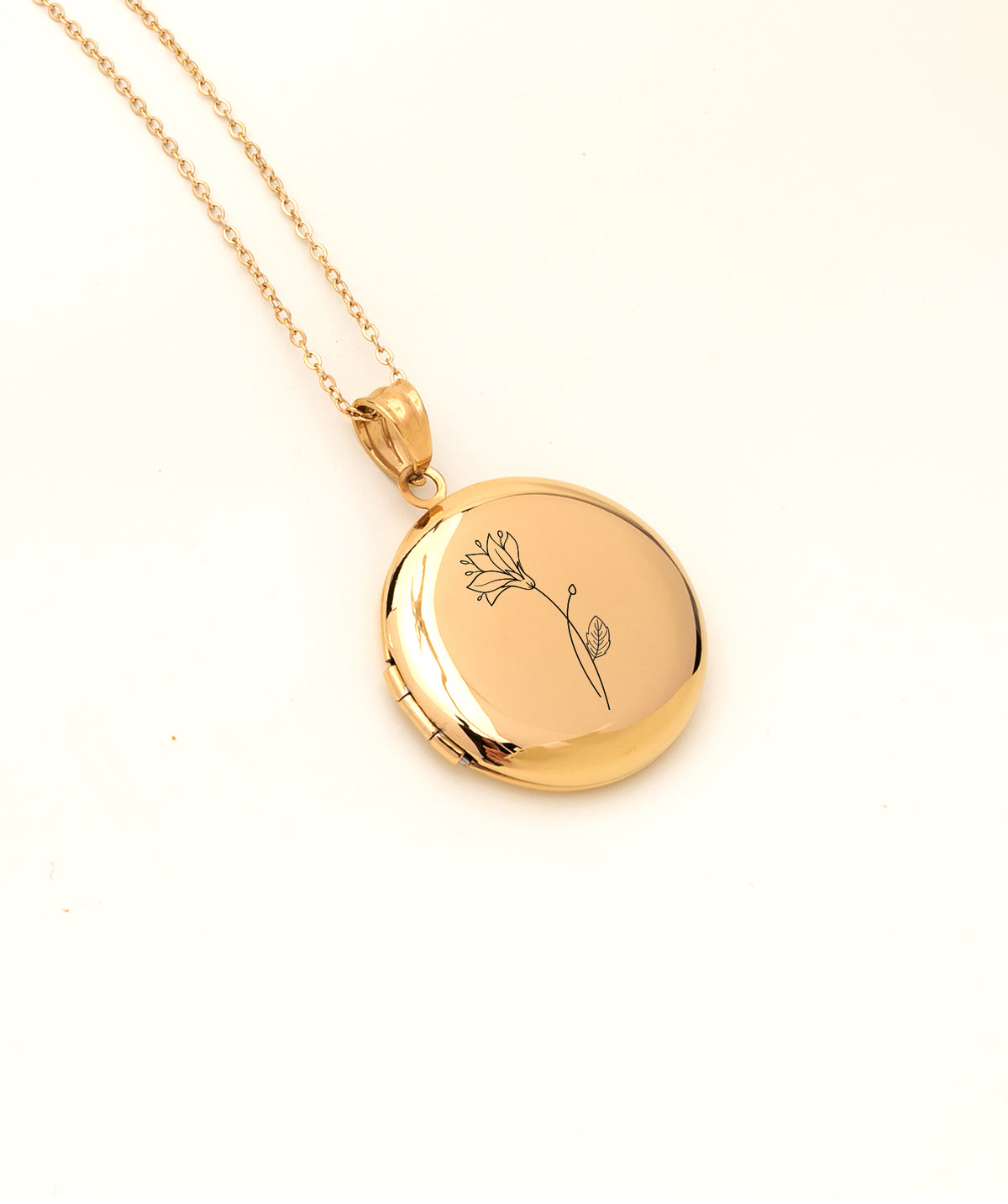 Gold Birth Flower Round Photo Locket – flower personalized disc locket