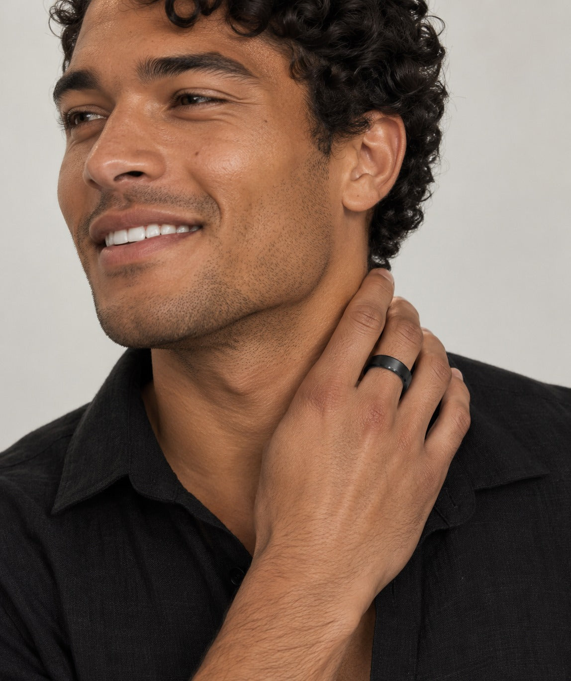 Men's Black 8mm Brushed Band Ring on model