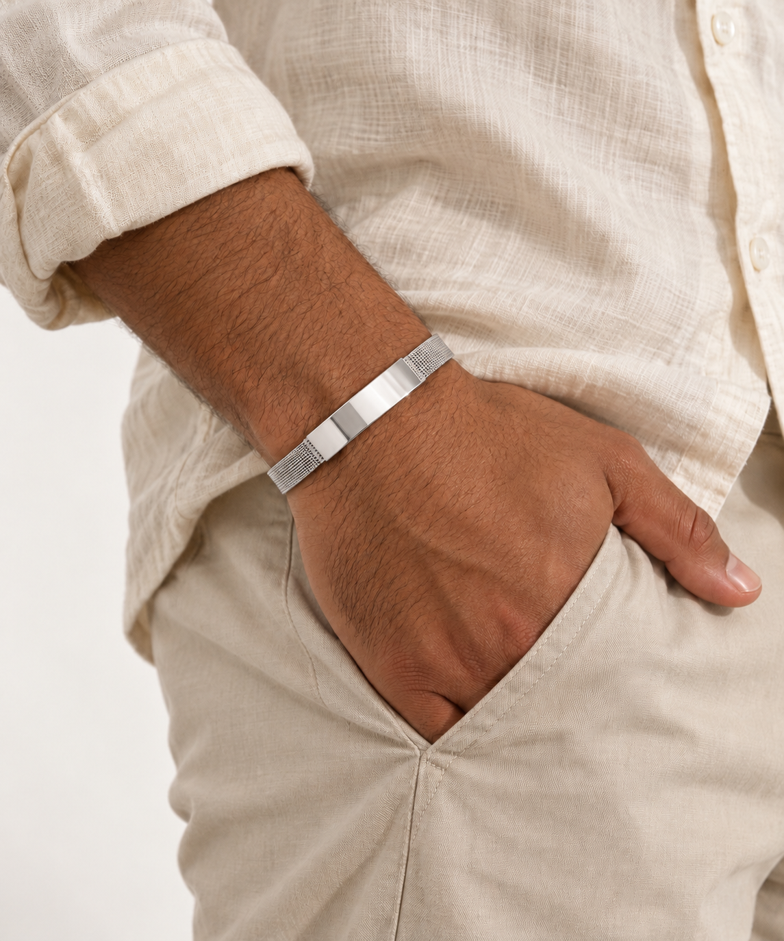 Men's Silver Mesh Bracelet on model