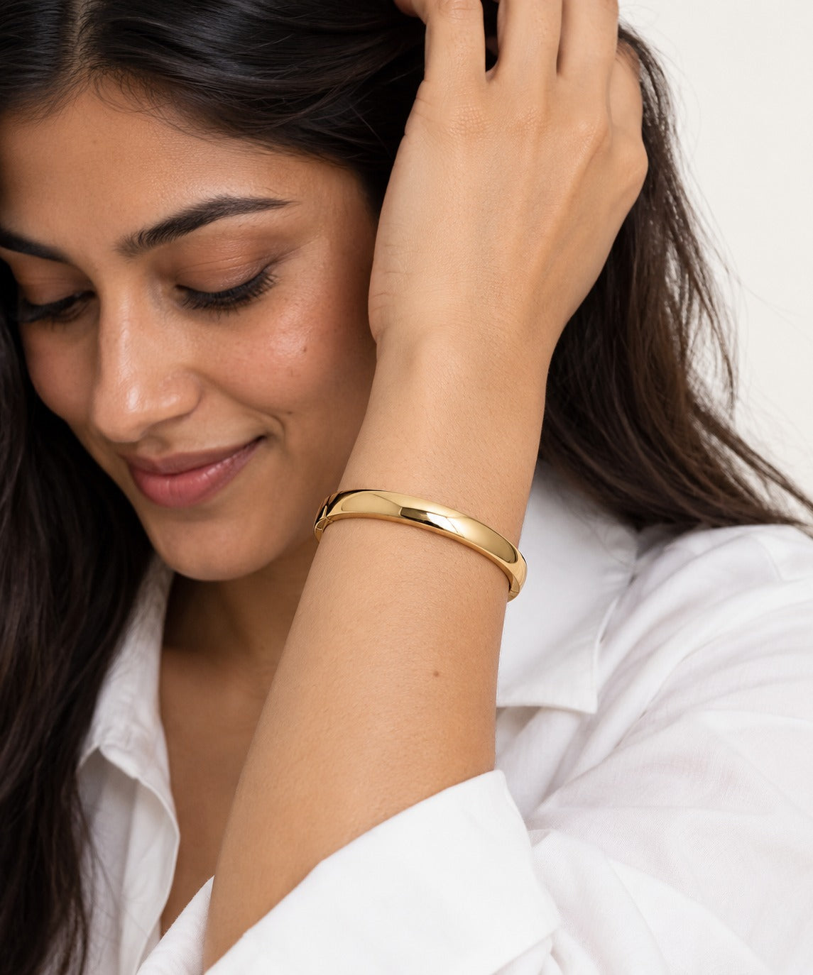 Thick Plain Bangle on model