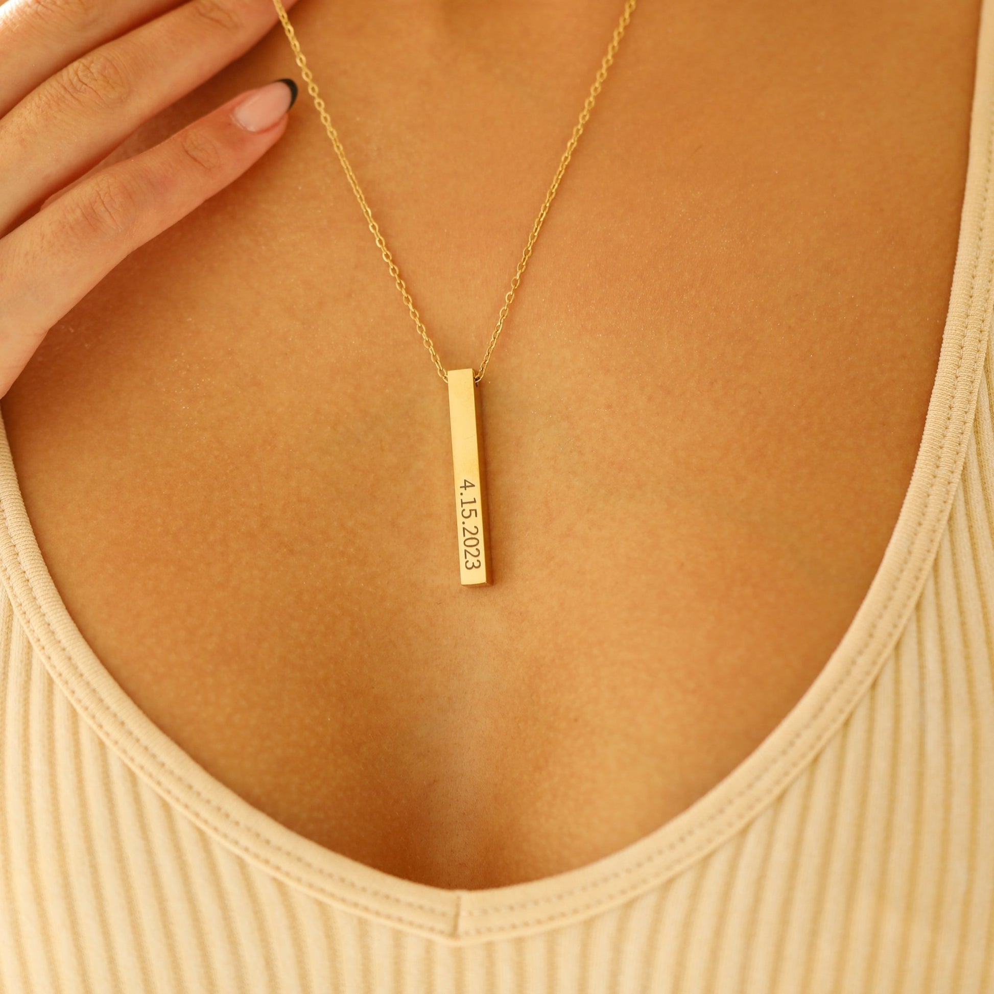 Bar Necklace for Women Vertically Personalized Date, Name Engraved Jewelry Gift - Moboduc Custom Jewelry