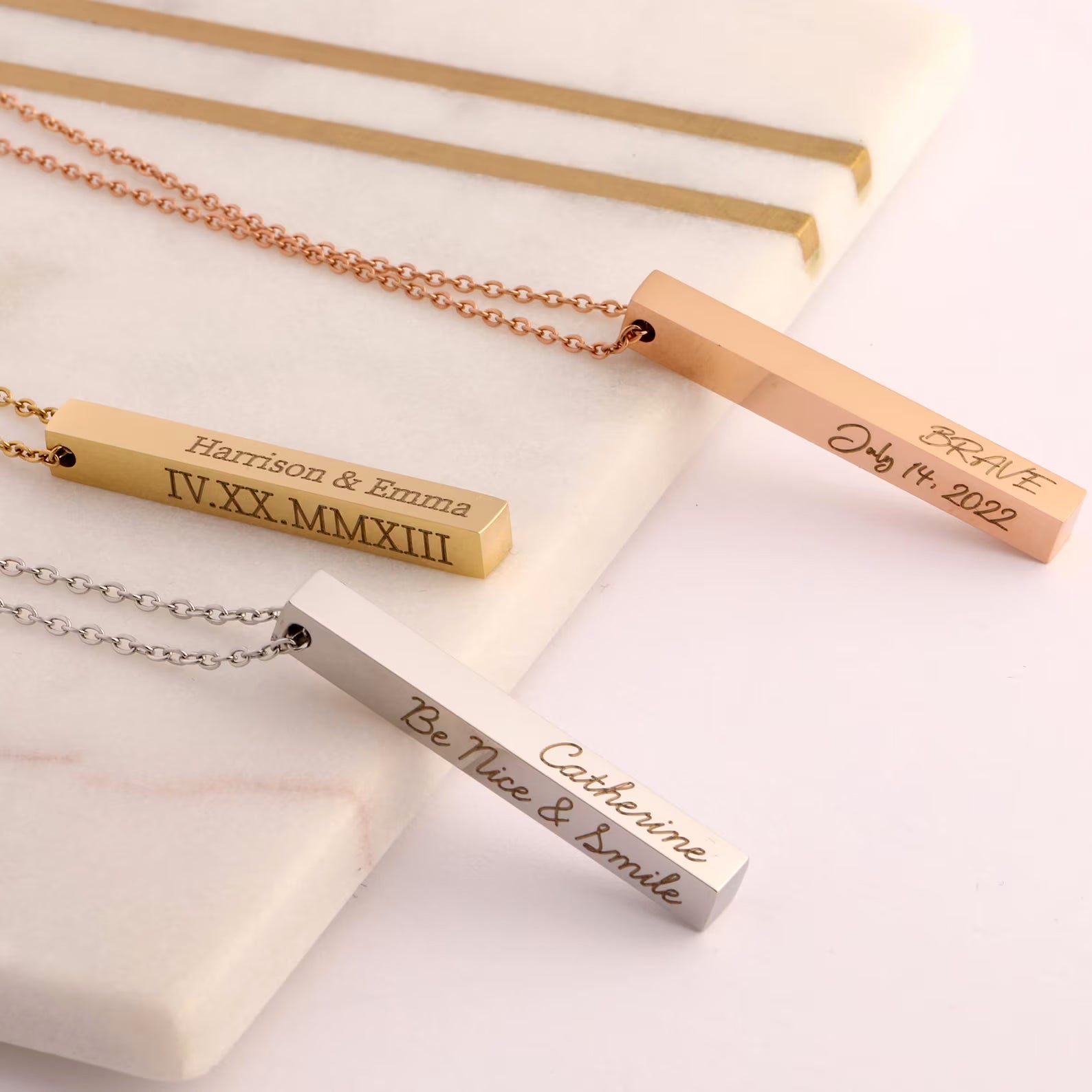Bar Necklace for Women Vertically Personalized Date, Name Engraved Jewelry Gift - Moboduc Custom Jewelry