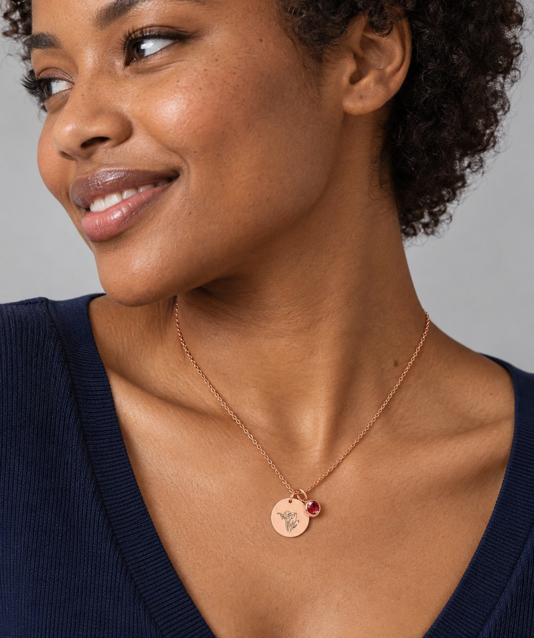 Rose Gold Birth Flower Disc Necklace on model