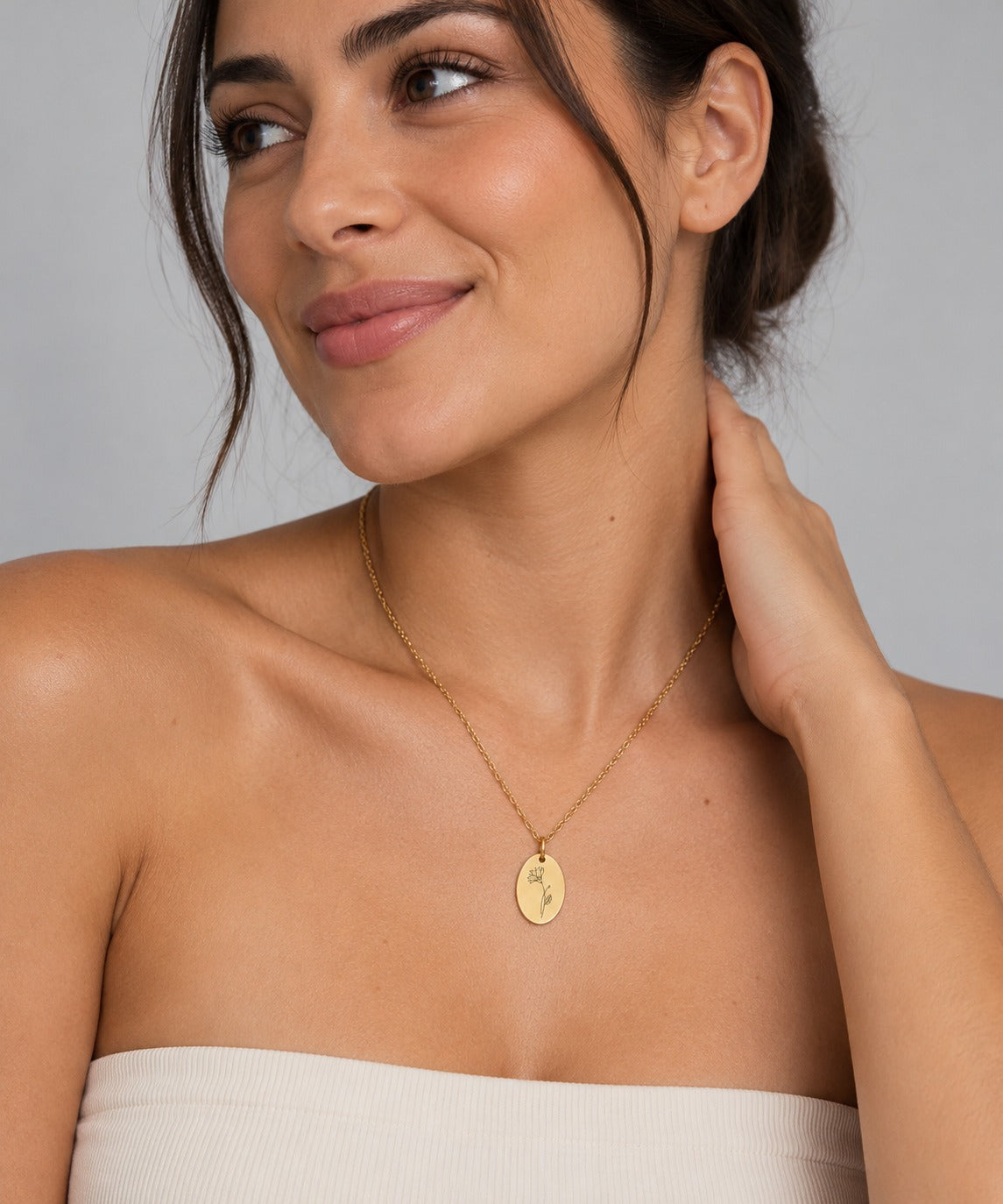 Gold Birth Flower Oval Necklace on model