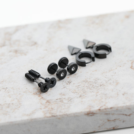Black Screw Stud & Hoop Earrings 3 PAIR SET Hoops for Men & Women - Moboduc Custom Jewelry
