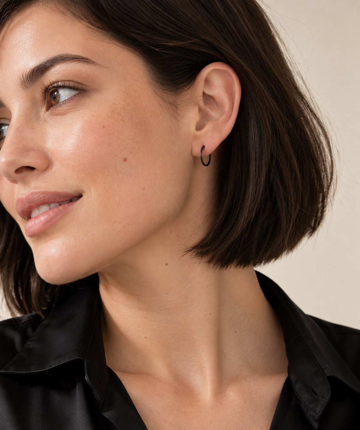 Black Flat Sleeper Hoop Earrings on model