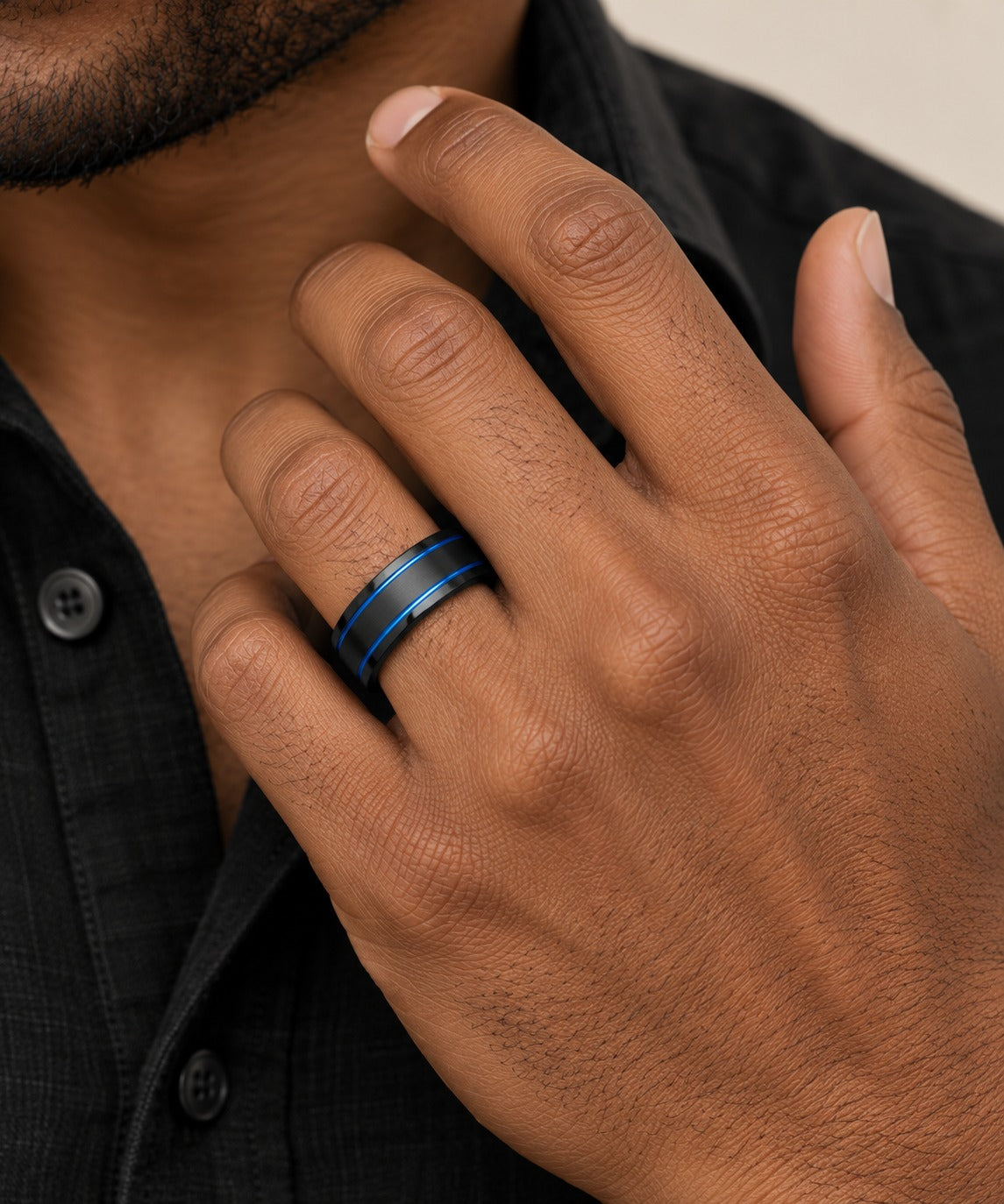 Blue Tungsten Ring on model
