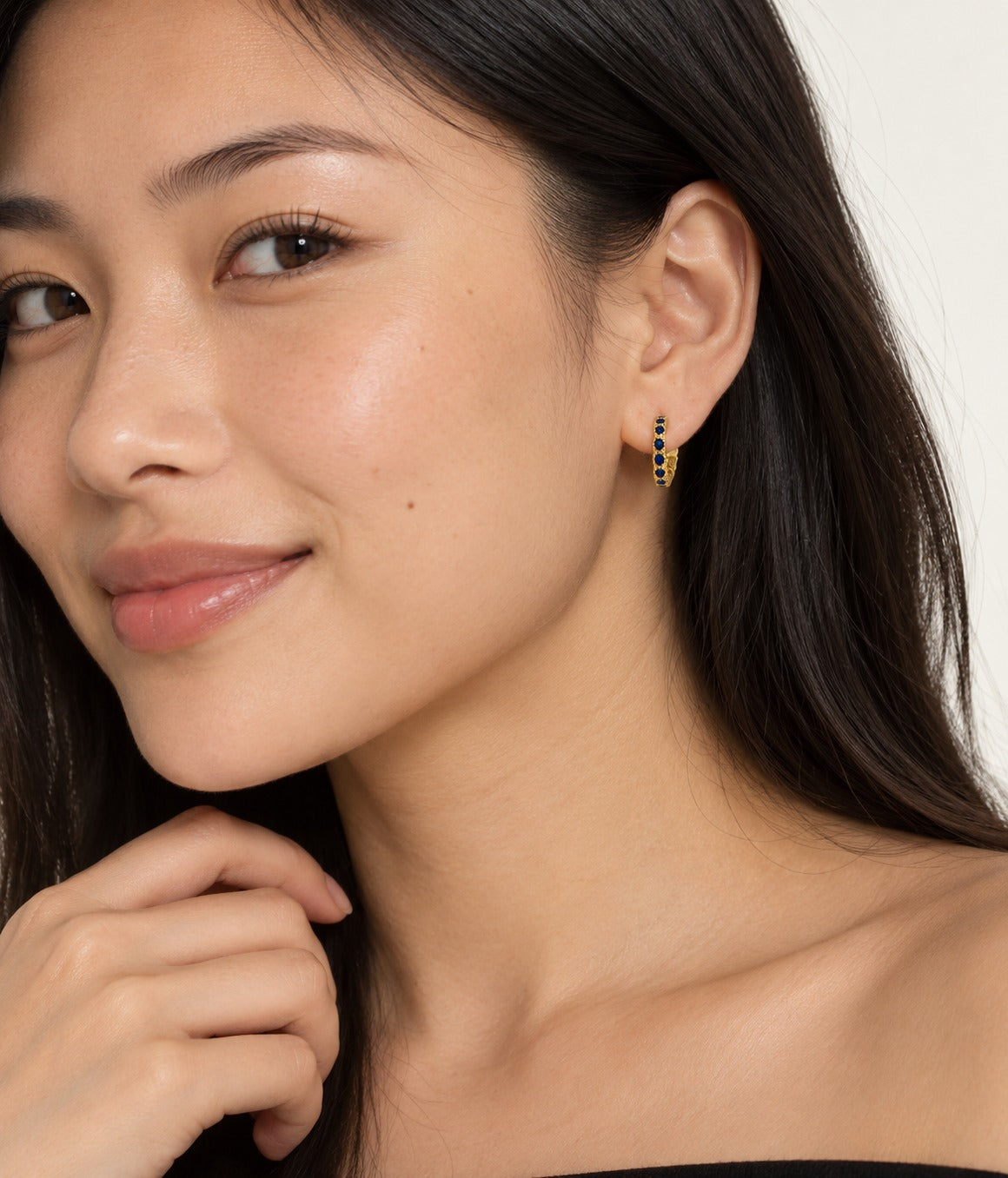 Gold Sapphire Pave Hoop Earrings on model