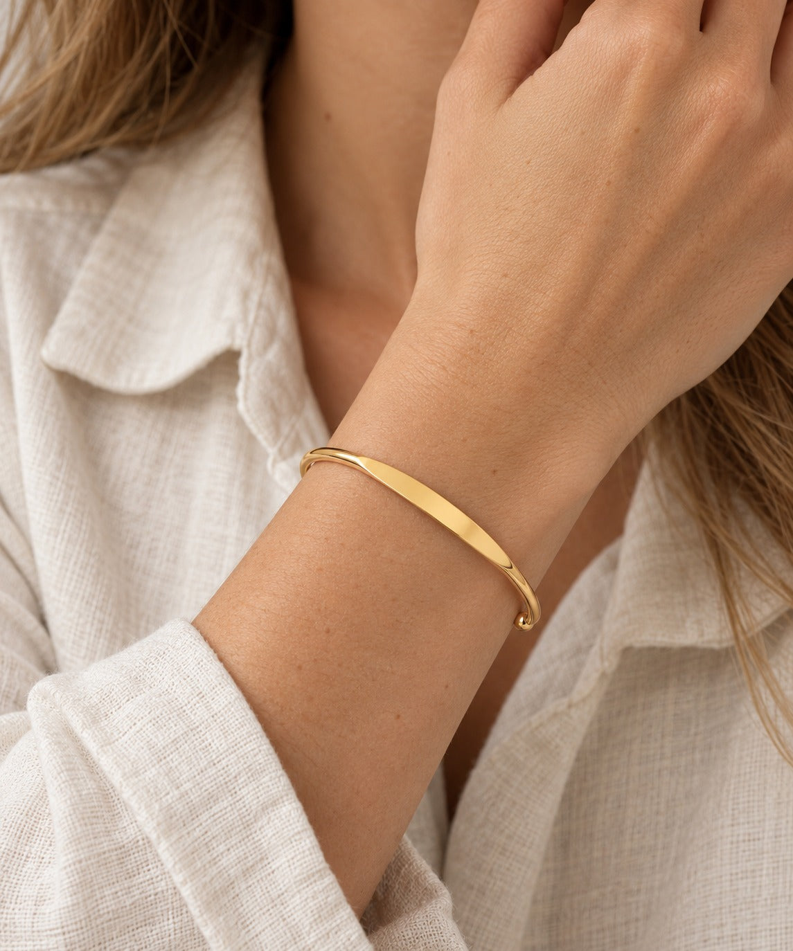 Gold Engraved Cuff Bracelet on model