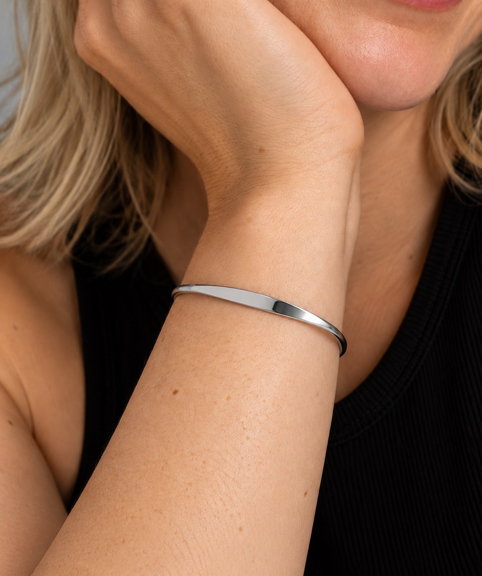 Silver Engraved Cuff Bracelet on model