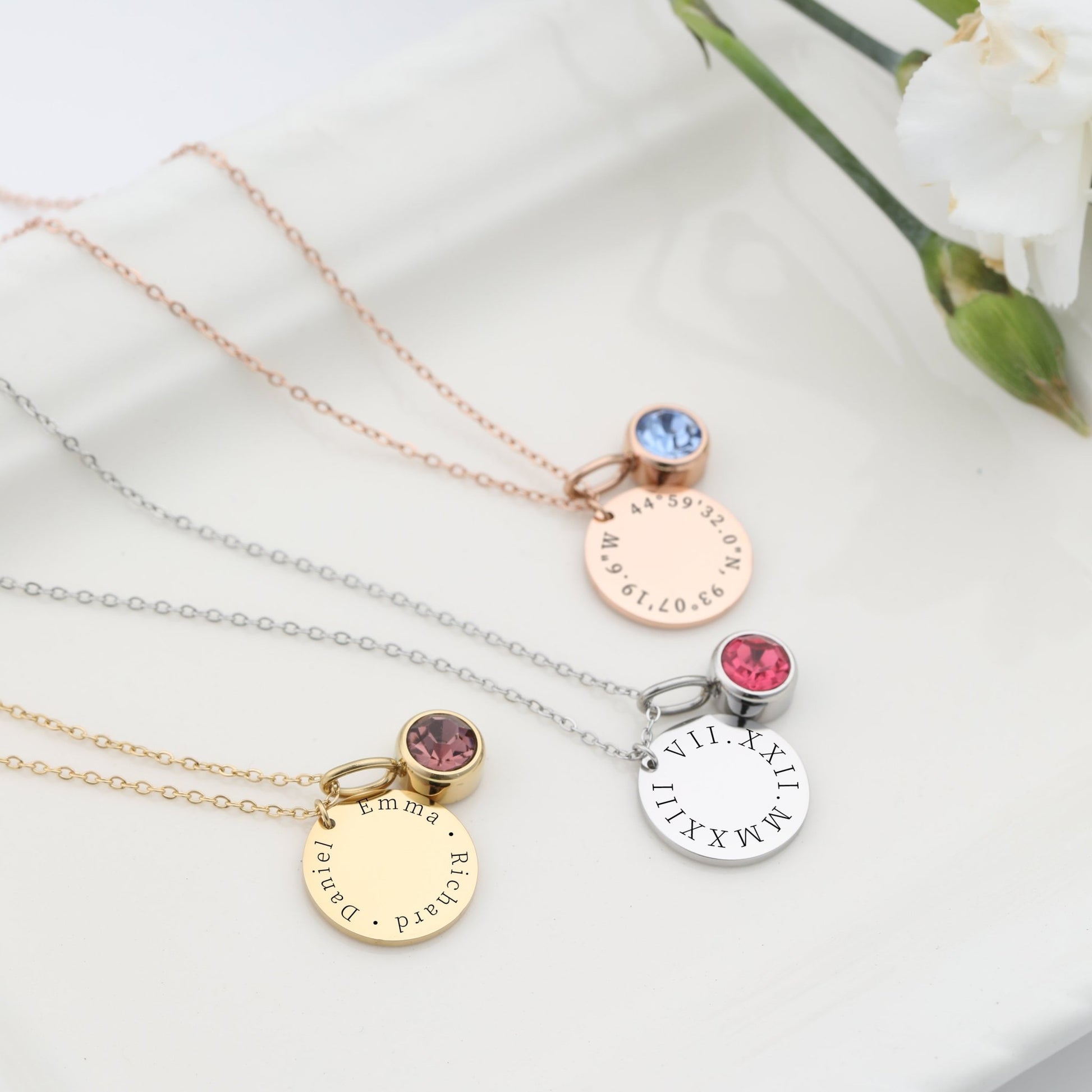Custom Name Engraved - Roman Numeral Necklace Birthstone Charm - Moboduc Custom Jewelry