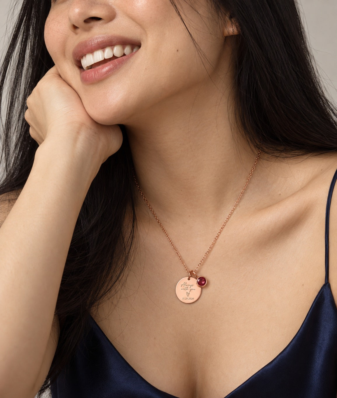Rose Gold Disc Necklace on model