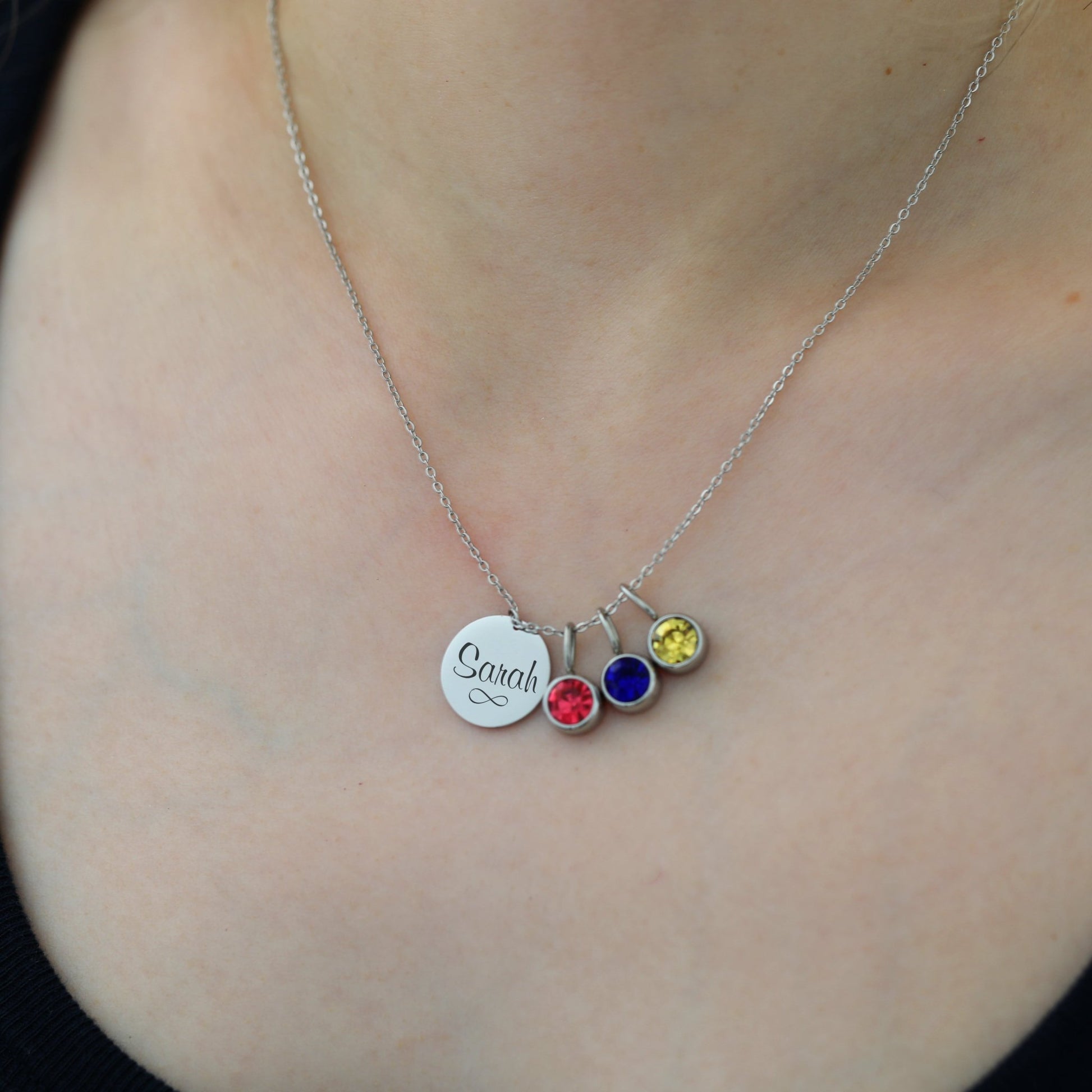 Engraved Necklace with Name - Date - Initial Birthstone Charm Necklace - Moboduc Custom Jewelry