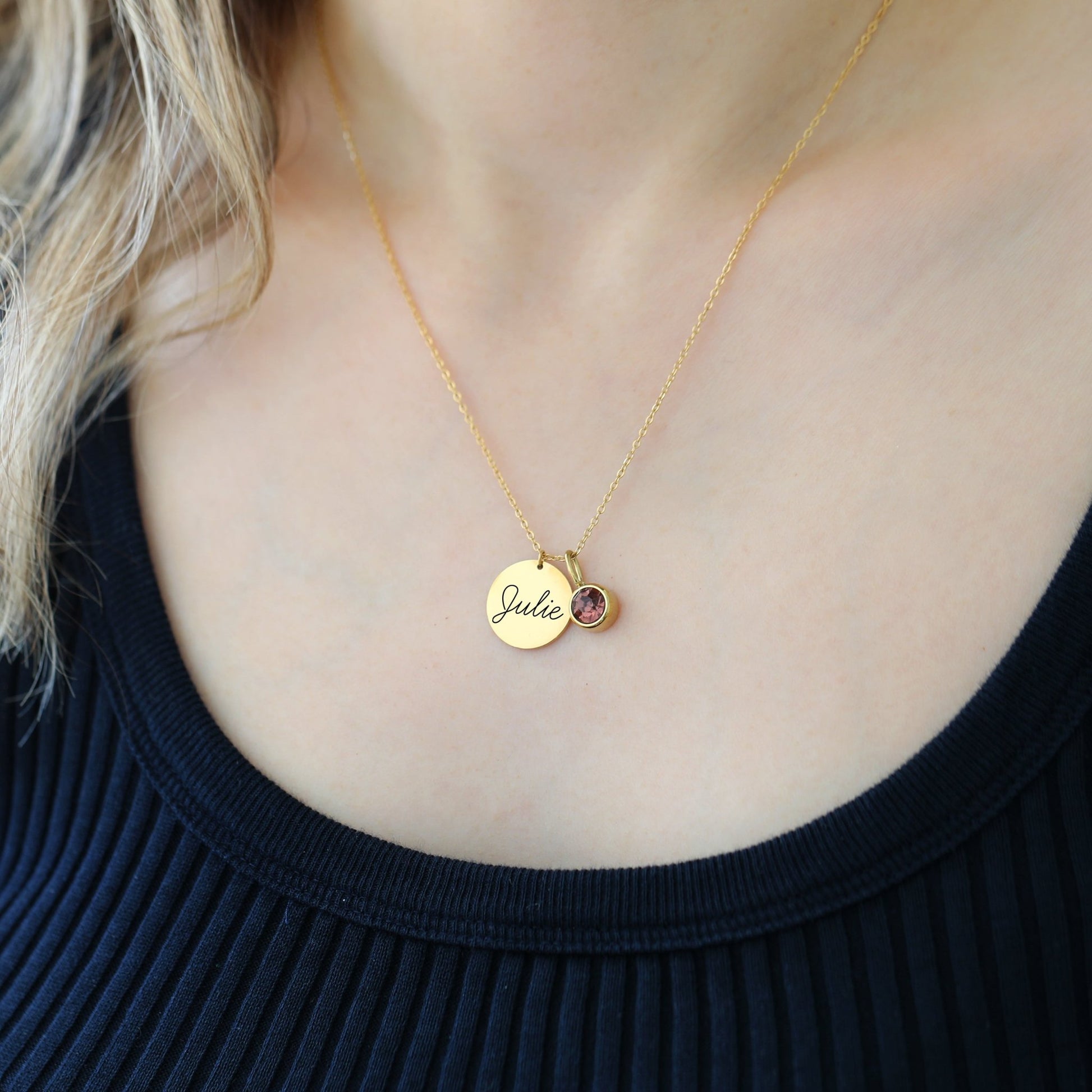 Engraved Necklace with Name - Date - Initial Birthstone Charm Necklace - Moboduc Custom Jewelry