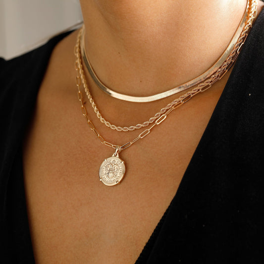 Medallion Pendant Necklace Gold Layer Set 14k Gold Plated Chain Necklace Set Herringbone Snake Necklace, Dainty Gold Coin