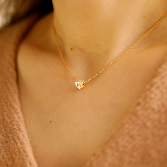 Mini Heart Necklace Initial Charm Pave 14k Gold Plated Small Pendant Cz Heart Letter Necklace - Moboduc Custom Jewelry