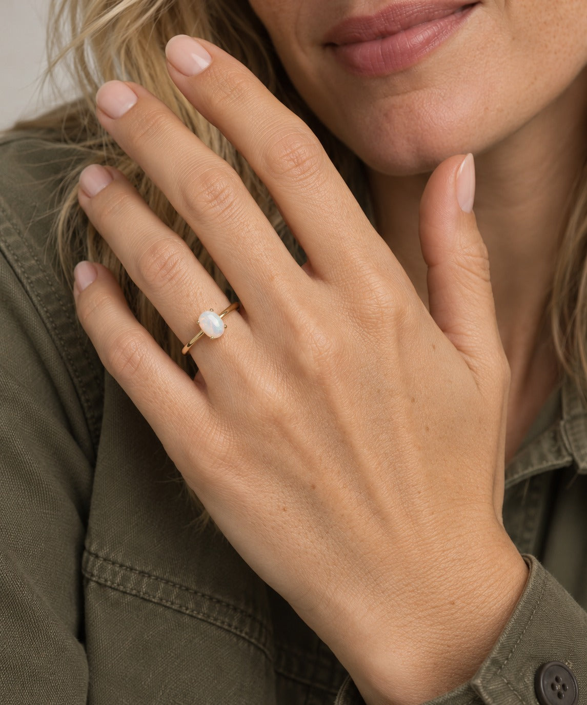 Gold Opal Egg Stone Ring on model