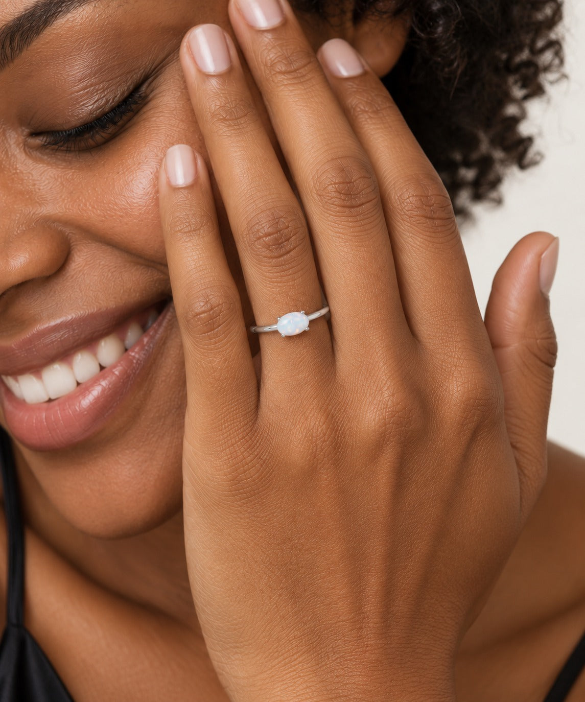 Silver Opal Egg Stone Ring on model