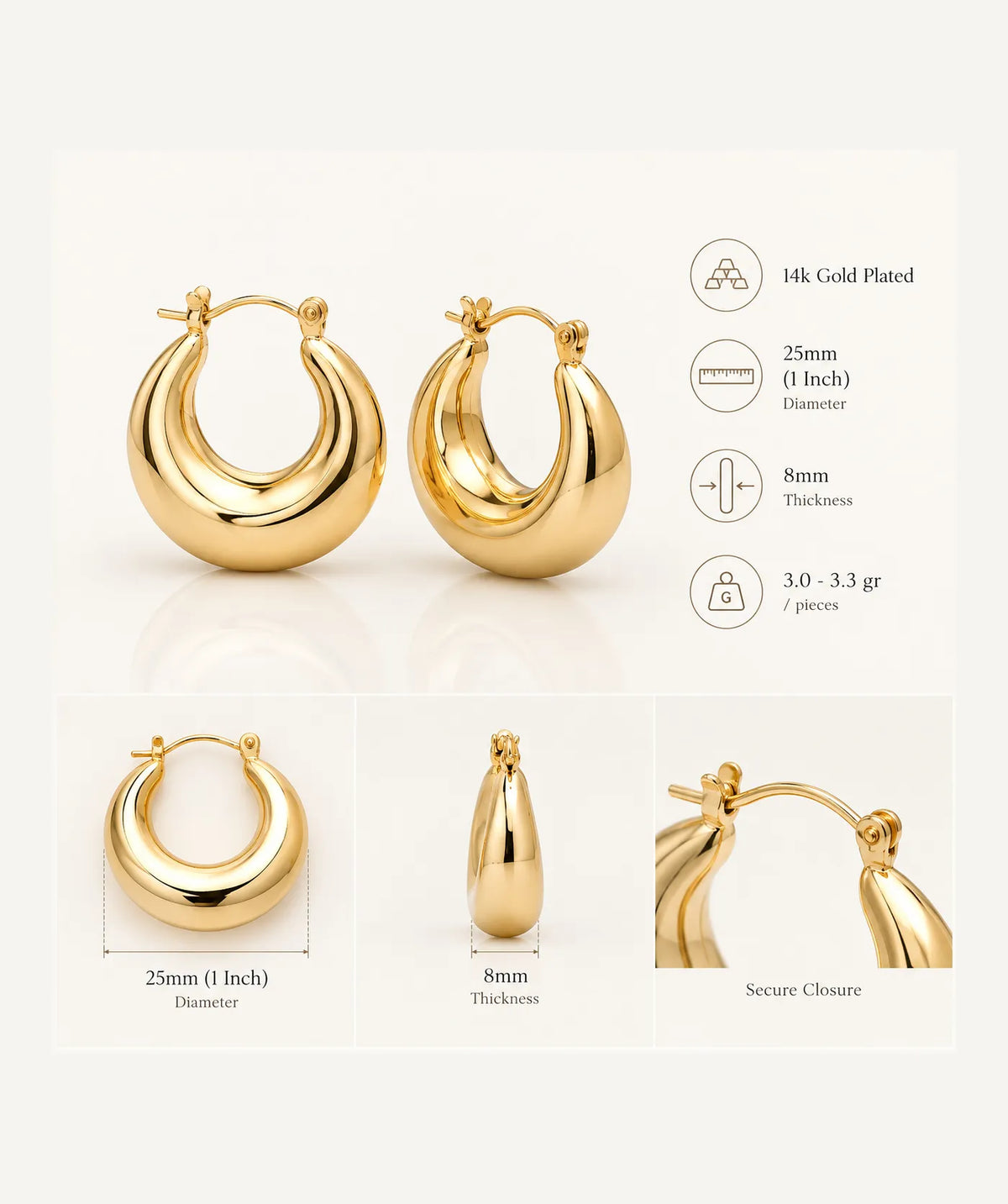 Chunky Oval Hoop Earrings infographic with features and details