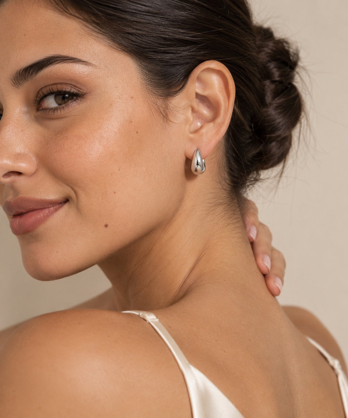 Silver Chunky Dome Hoop Earrings on model