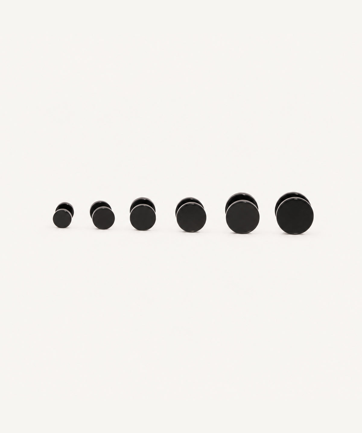 Black Screw Back Stud Earrings, shown in several sizes