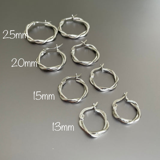 Silver Hoop Earrings Sterling Silver, Small Twisted Hoop Earrings 13mm, 15mm, 20mm, 25mm, Tiny Silver Hoop Earrings Set