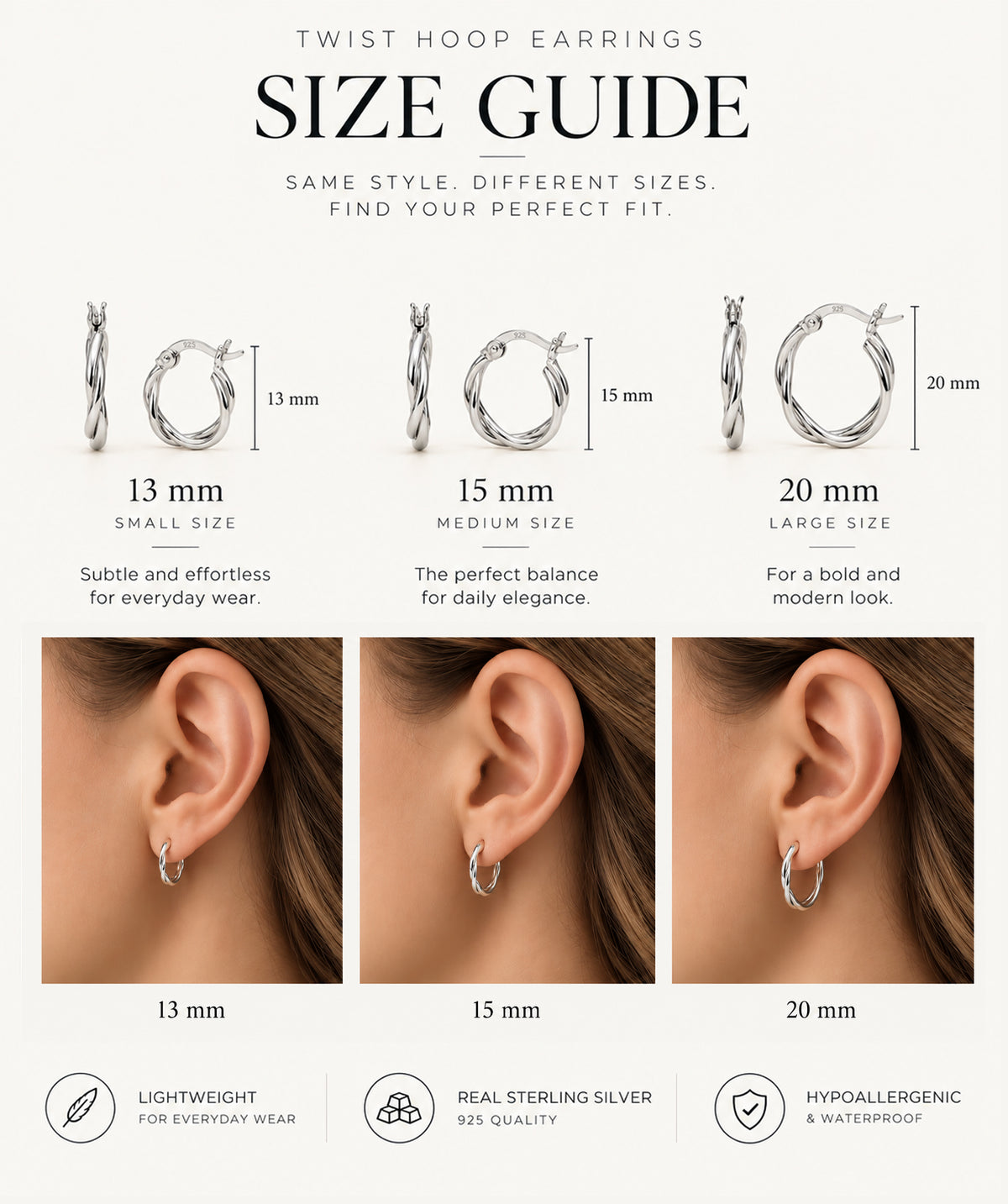 Size guide for the Small Twist Hoop Earrings