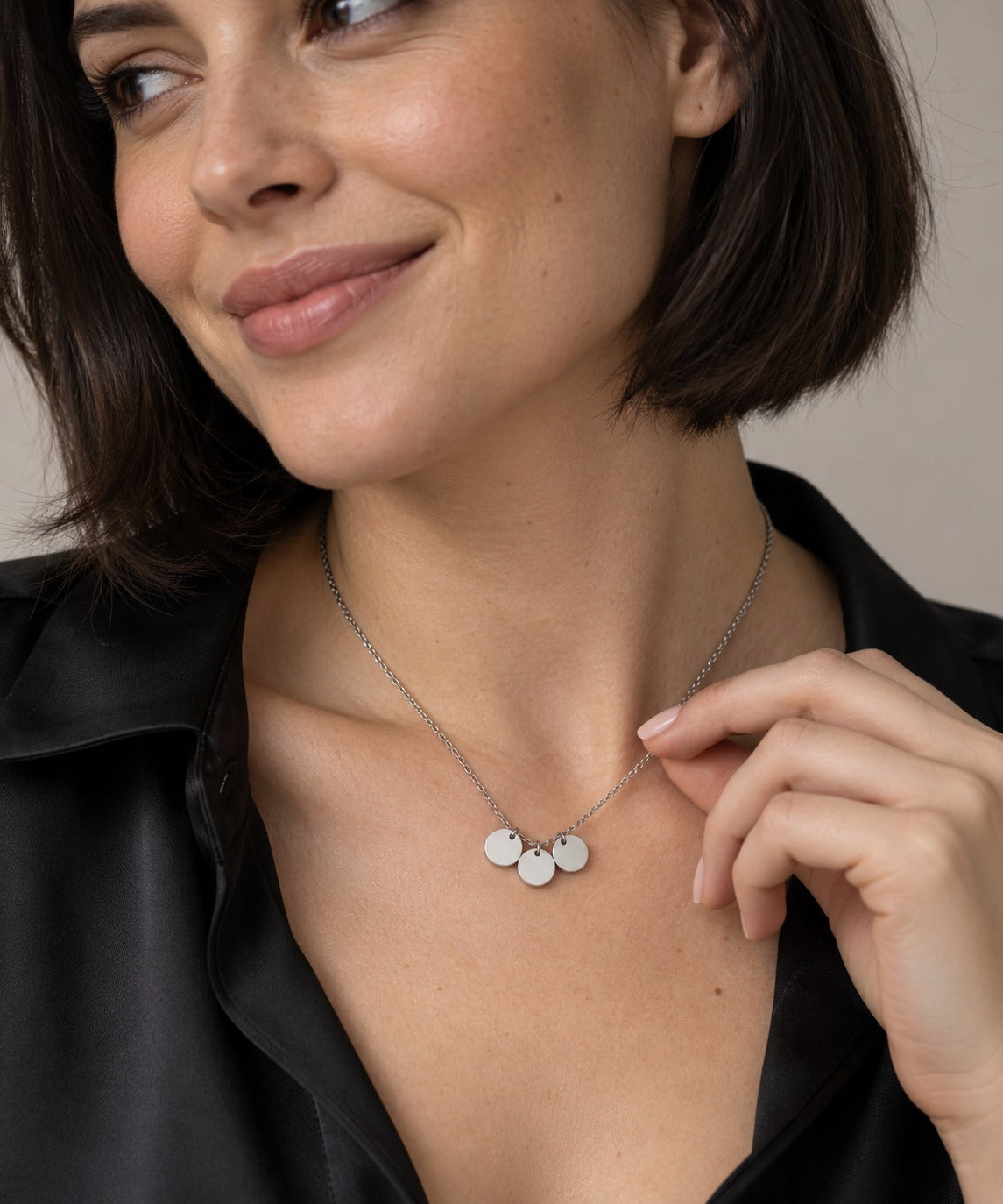 Silver Small 3 Disc Necklace on model