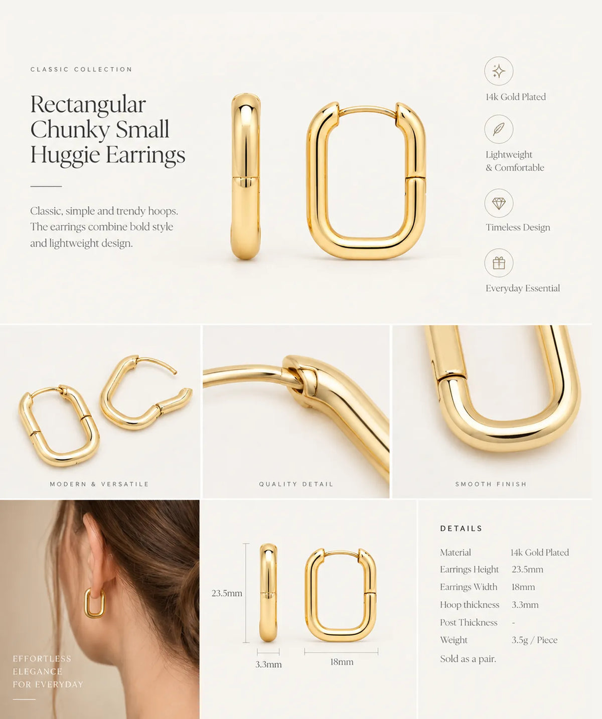 Chunky Rectangular Hoop Earrings infographic with features and details