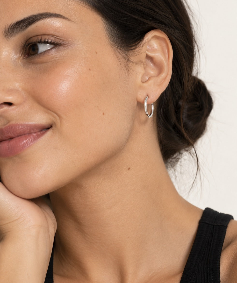 Small Silver Hoop Earrings on model