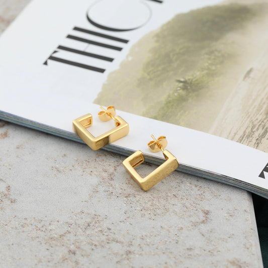 Small Square Drop Earrings Chunky 14k Gold Plated Studs - Thick Open Hoop Lightweight Hollow Earrings - Moboduc Jewelry