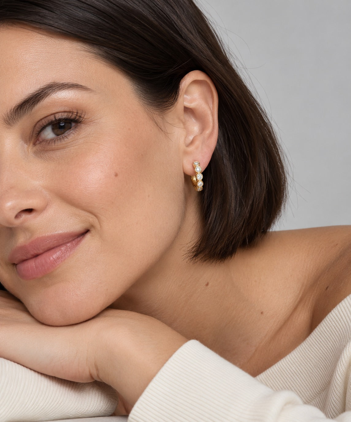 Thick Half Tennis Hoop Earrings on model
