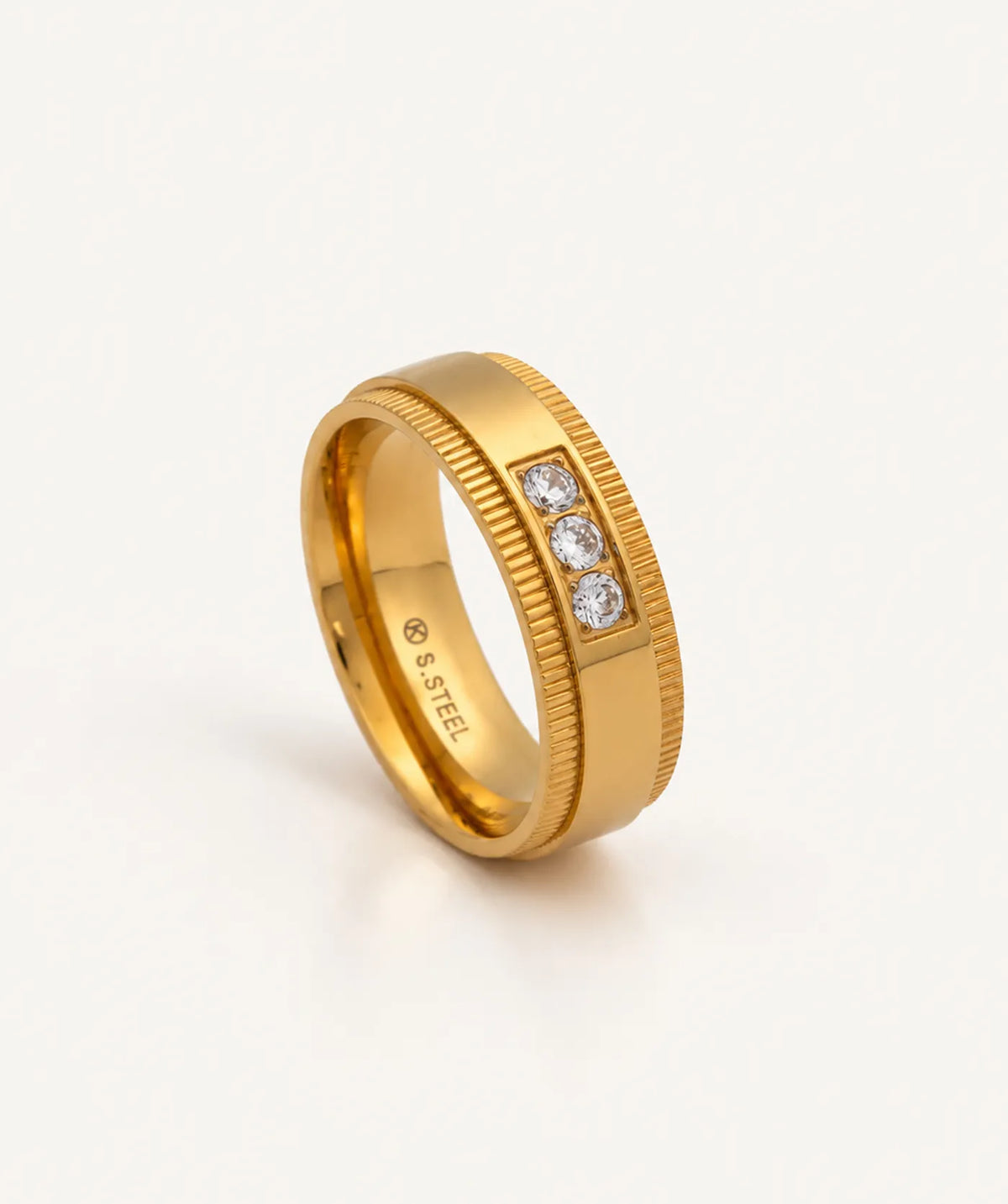 Gold Three Stone Ring, shown in several sizes