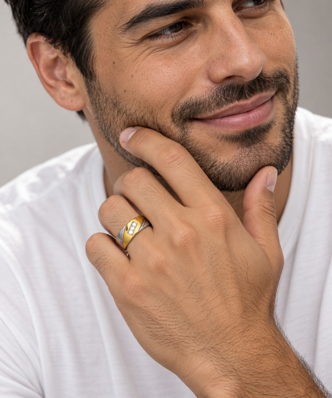 Two-Tone Three Stone Ring on model
