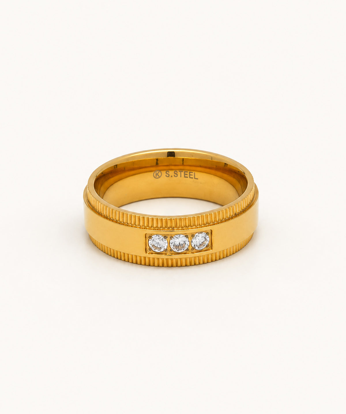 Gold Three Stone Ring, shown in several sizes