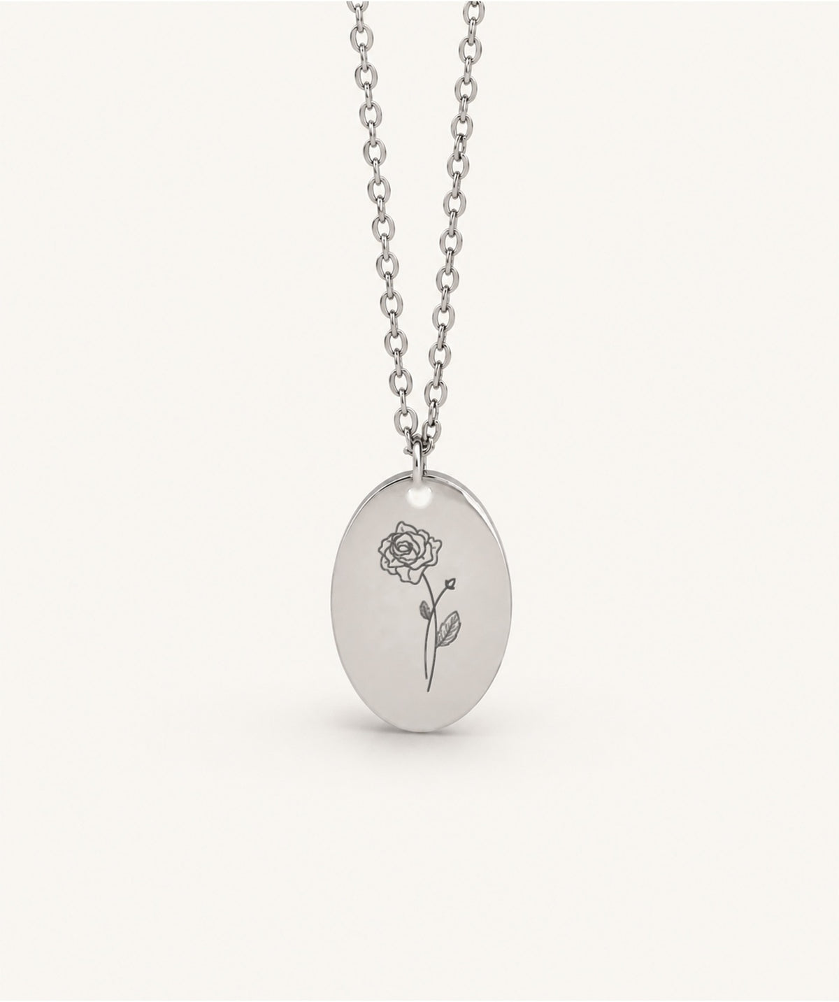Silver Birth Flower Oval Necklace