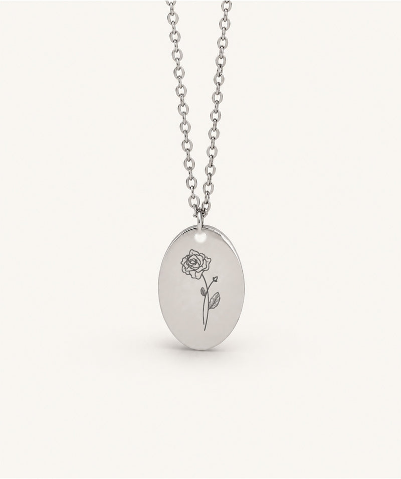 Silver Birth Flower Oval Necklace