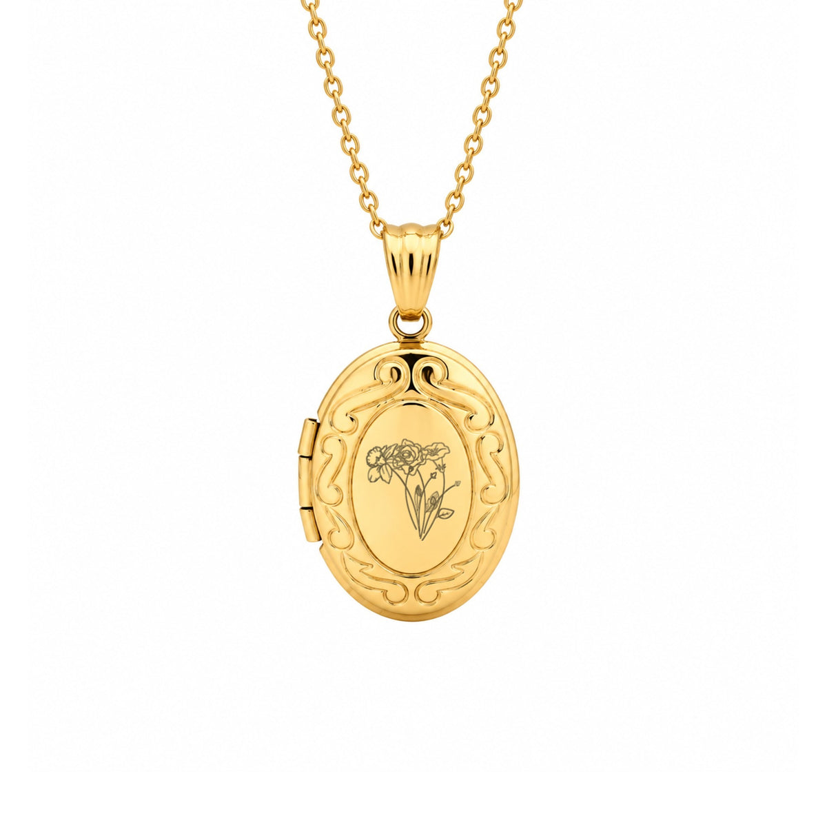 Gold Birth Flower Oval Photo Locket