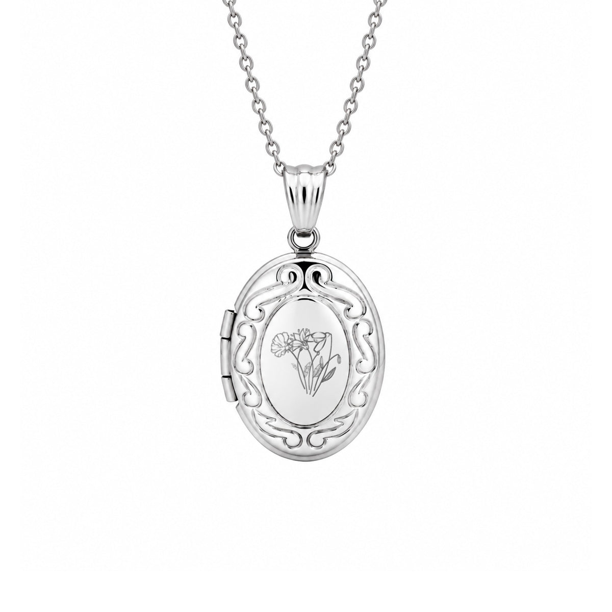 Silver Birth Flower Oval Photo Locket