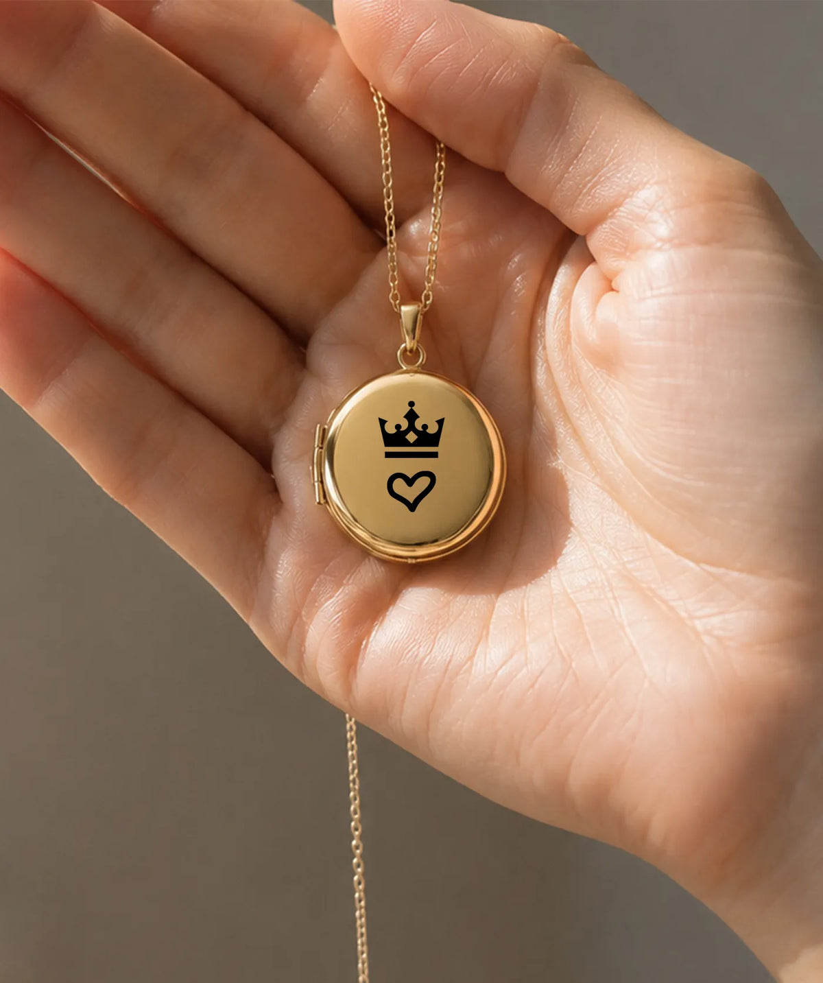 Model wearing the Gold Disc Photo Locket Necklace around the neck