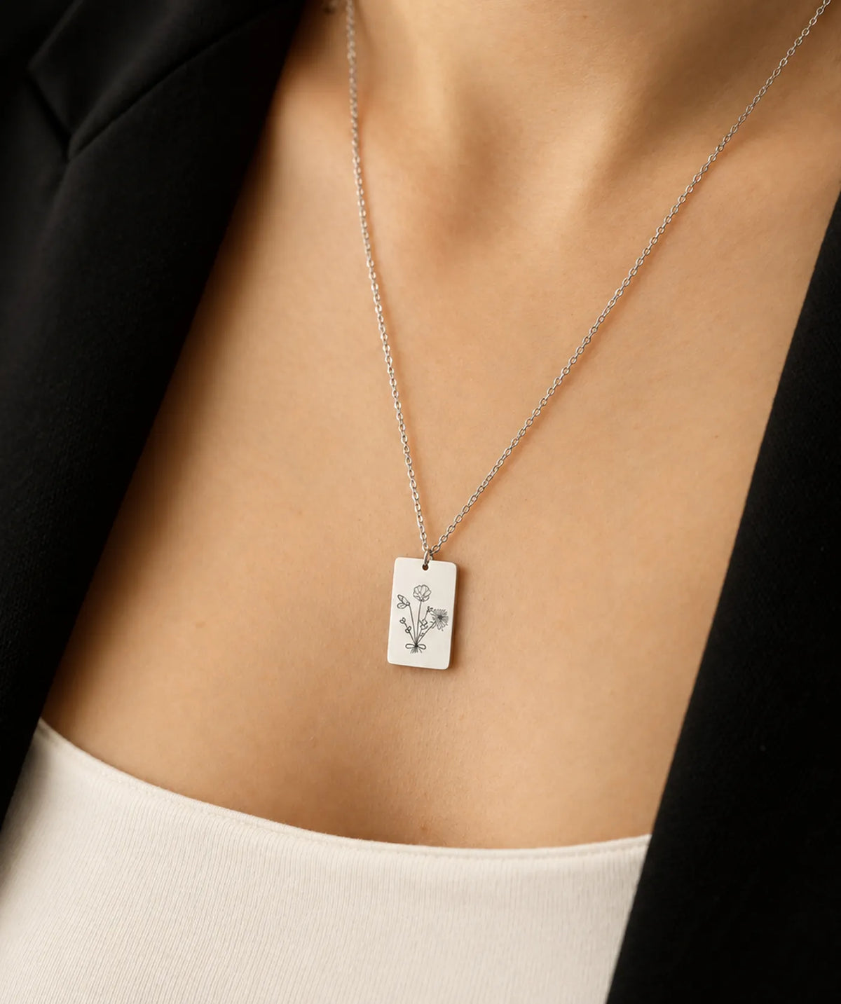 Model wearing the Silver Rectangular Necklace around the neck