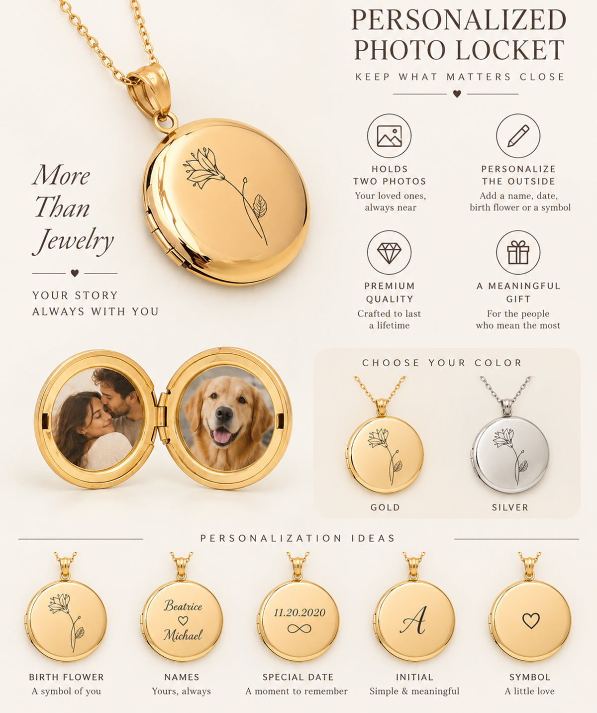 Gold Birth Flower Round Photo Locket – 3 disc locket personalized