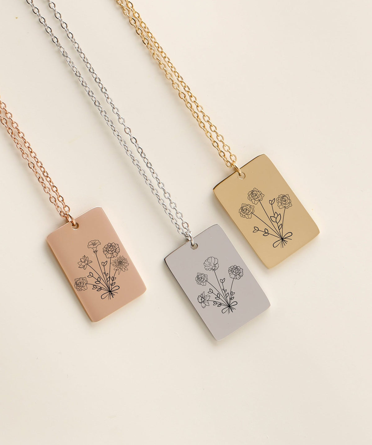 Silver Birth Flower Rectangular Necklace – neklace rectangulars flower 3